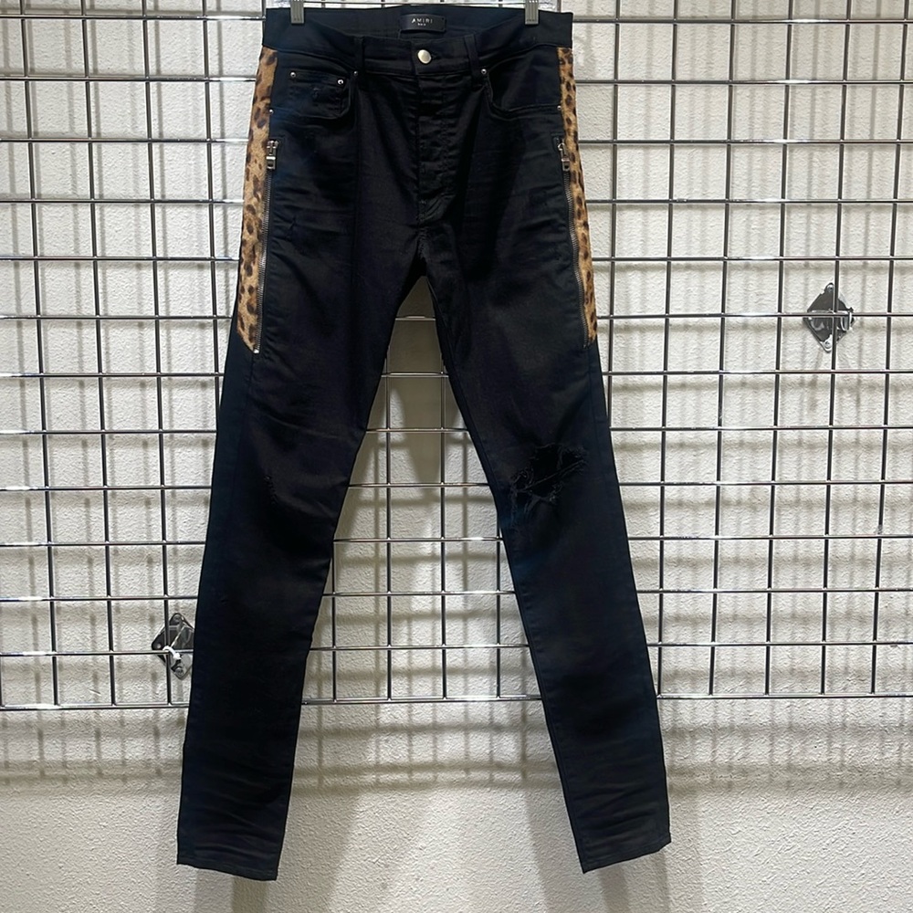 Amiri mens black jeans with leopard and zipper detail